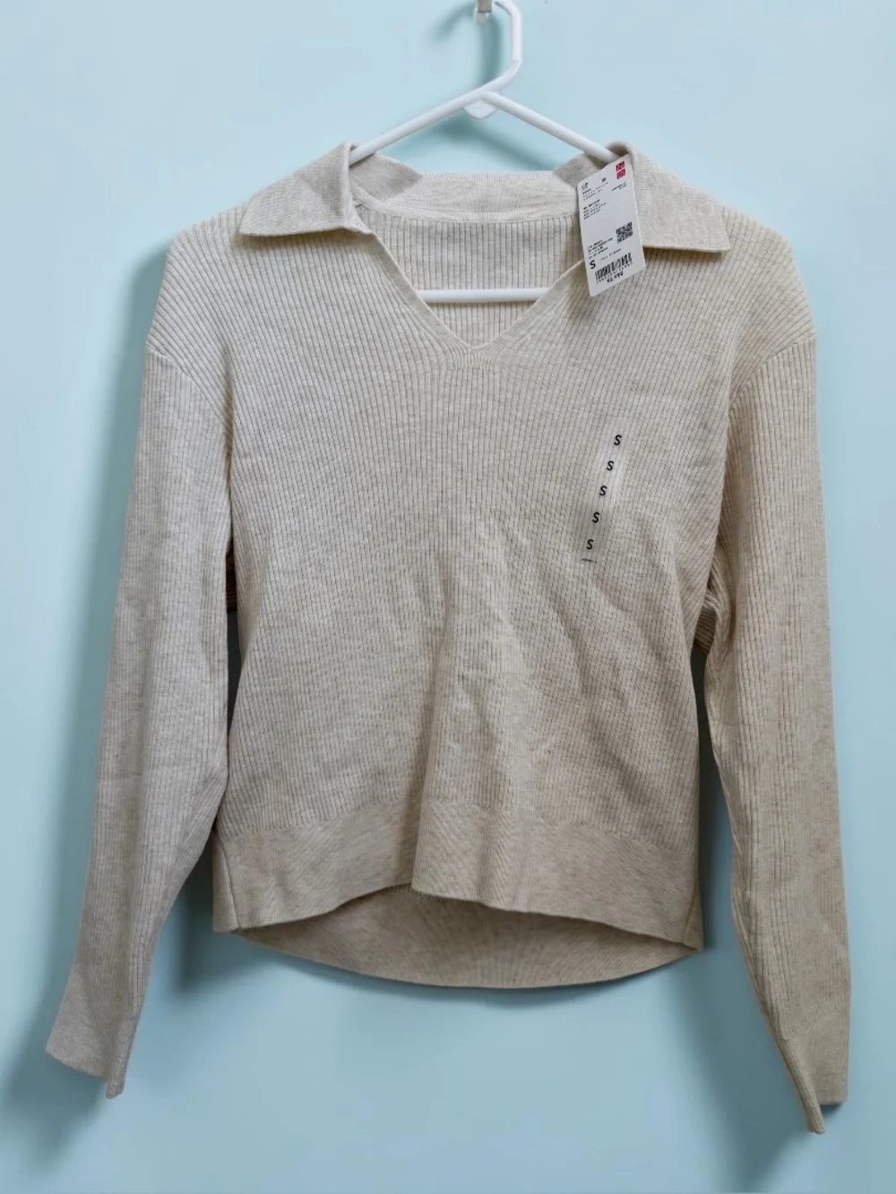 Uniqlo Women’s Collared Ribbed Knit Polo Sweater V-Neck Beige S Small NWT